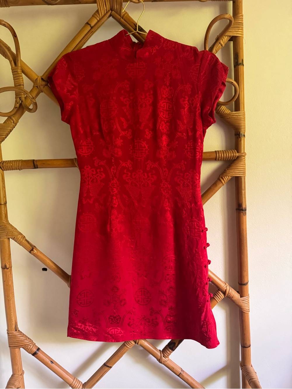 VTG 90s Shanghai Tang 100% Silk Cheongsam Qipao Dress Red Jacquard